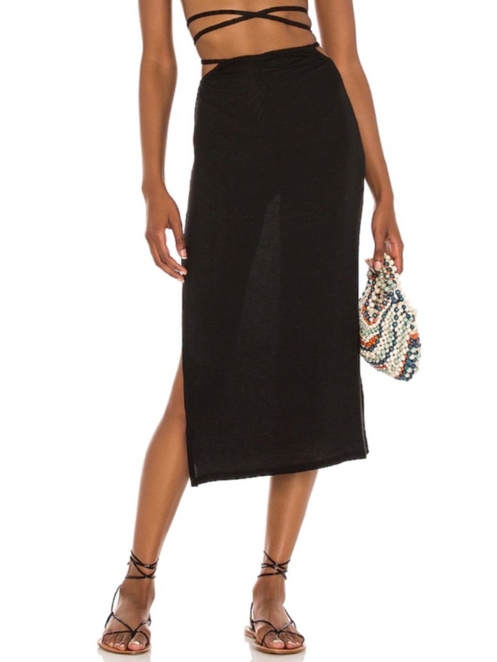 WeWoreWhat Black Midi Skirt with Wrap Around String